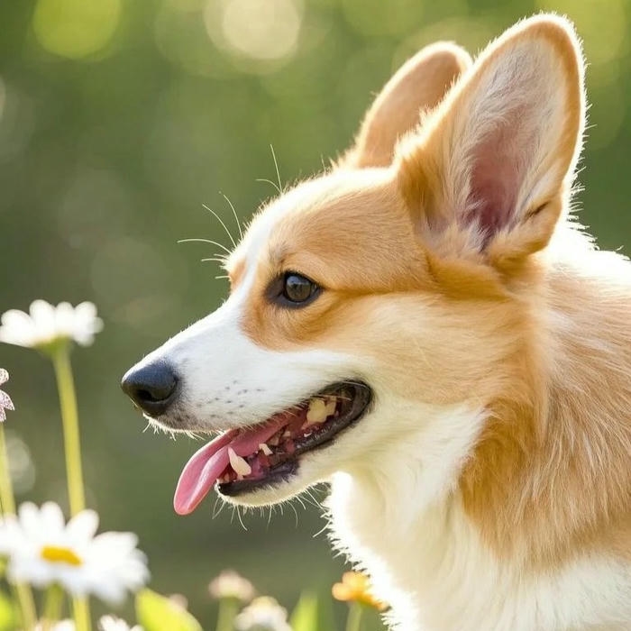 Avatar con chó Corgi nhìn nghiêng giữa đồng hoa