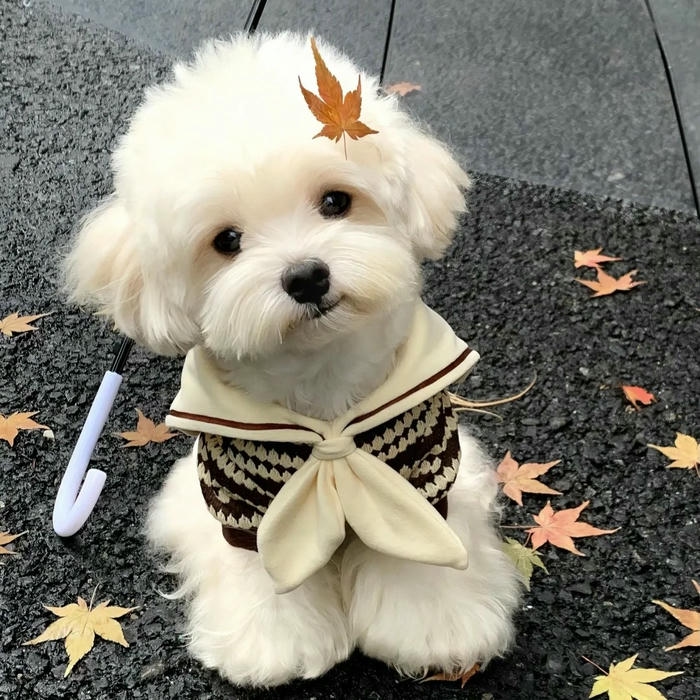 Avatar con chó Poodle trắng mặc áo thắt nơ
