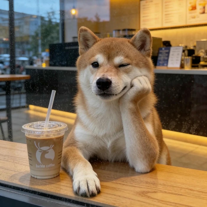 Avatar con chó Shiba ngồi bàn gỗ quán cà phê