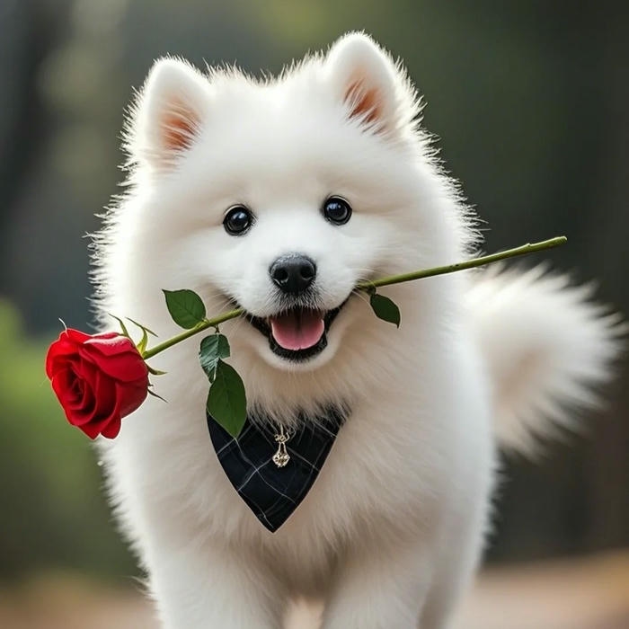 Avatar con chó trắng nhỏ ngậm bông hồng đỏ