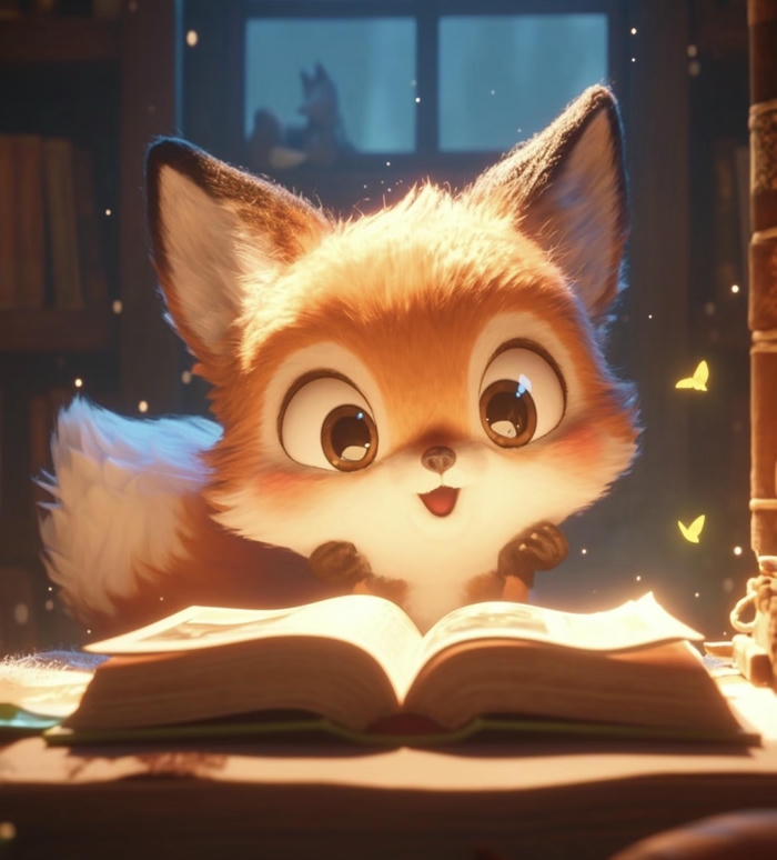Chibi con cáo màu sắc tươi sáng đang đọc sách
