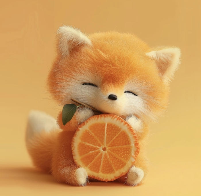 Chibi con cáo tròn trịa nhìn rất yêu ăn cam