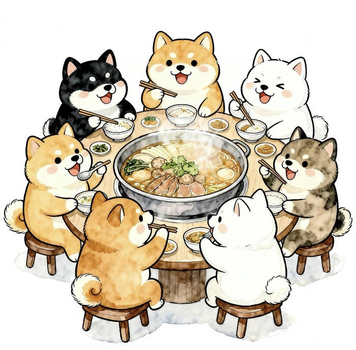 Chibi đàn con chó ăn lẩu