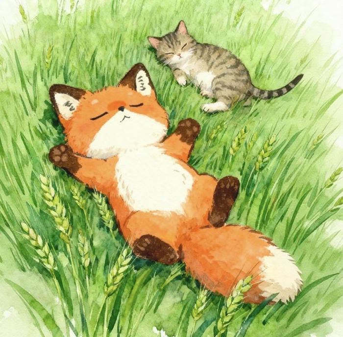 Con cáo chibi cute tròn trịa đáng yêu và con mèo