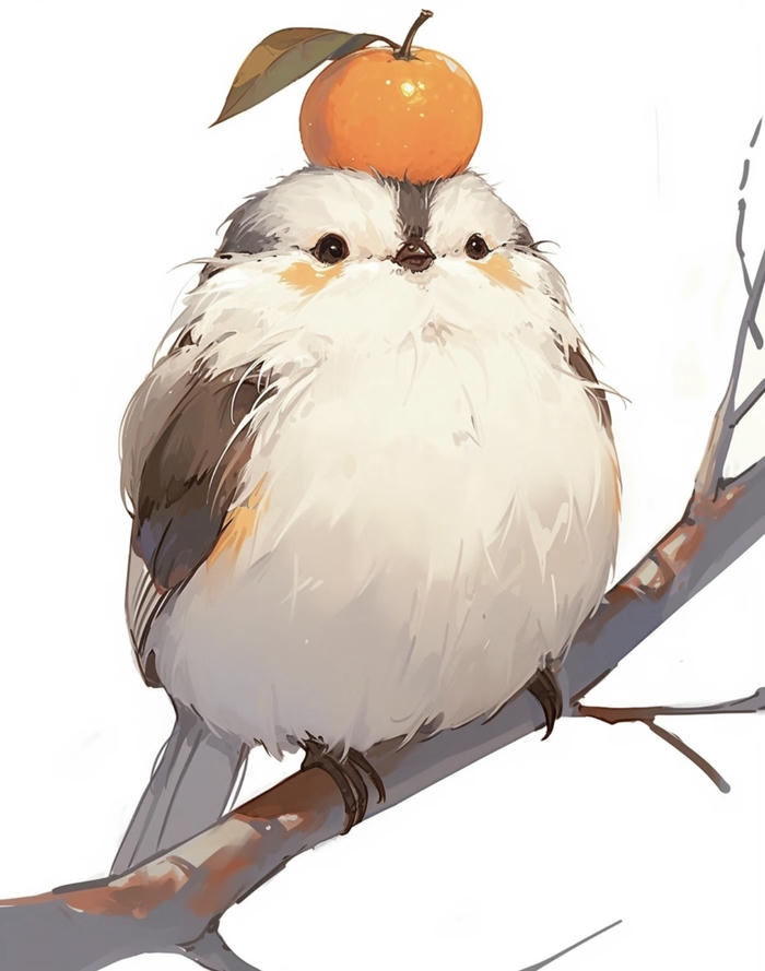 Con chim chibi đội trên đầu quả cam