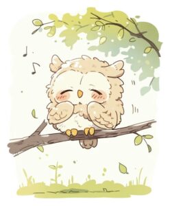 Con chim nhắm mắt chibi đậu trên cây