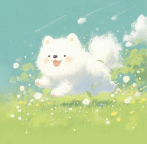 Con chó chibi chạy nhảy trên cỏ