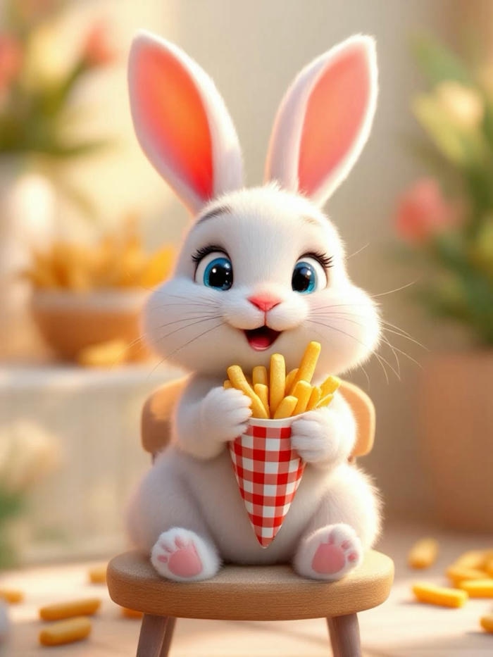 Con thỏ chibi dáng nhỏ ăn khoai tây chiên