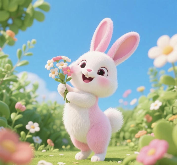 Con thỏ chibi ôm bó hoa xinh