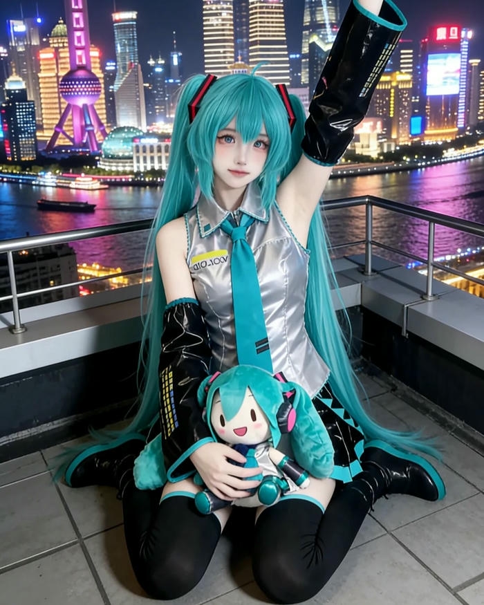 Cosplay Miku cầm micro đứng trên sân khấu ánh sáng