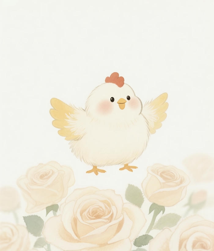 Gà chibi dáng thấp đang dang cánh