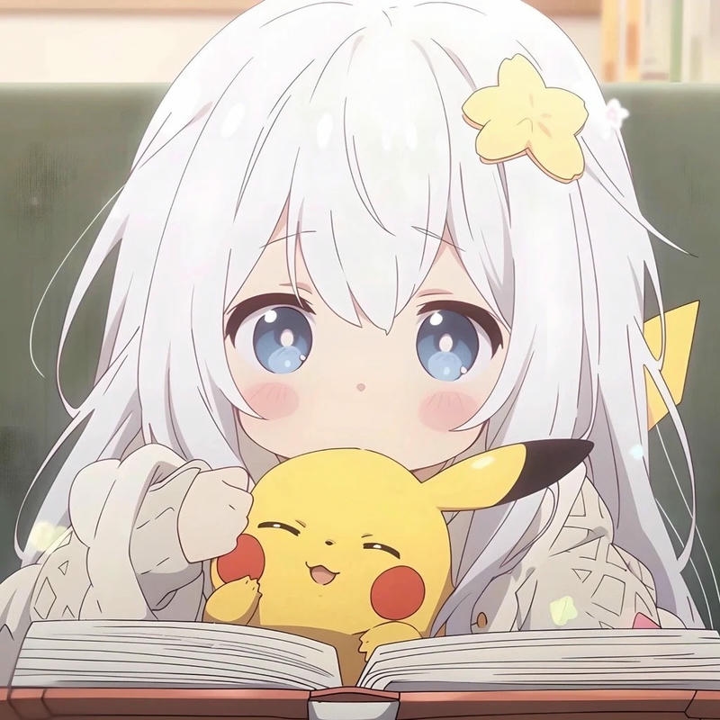 Hình ảnh avatar cute nữ tóc trắng đọc sách Pikachu