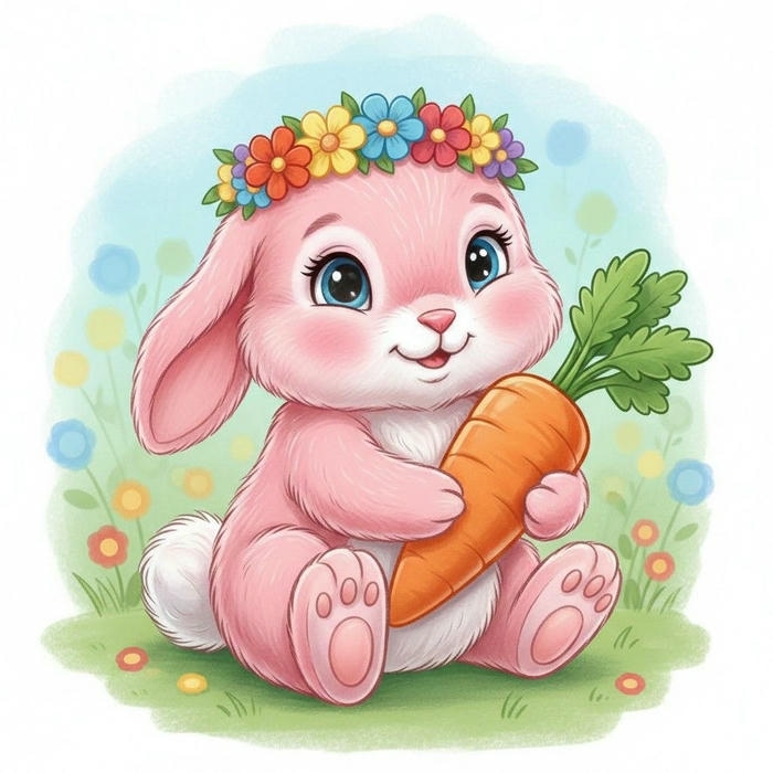 Hình chibi con thỏ hồng đội hoa