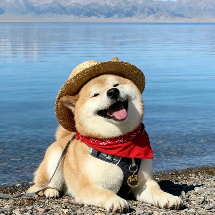 Hình chó cute Shiba đội mũ rơm ven biển