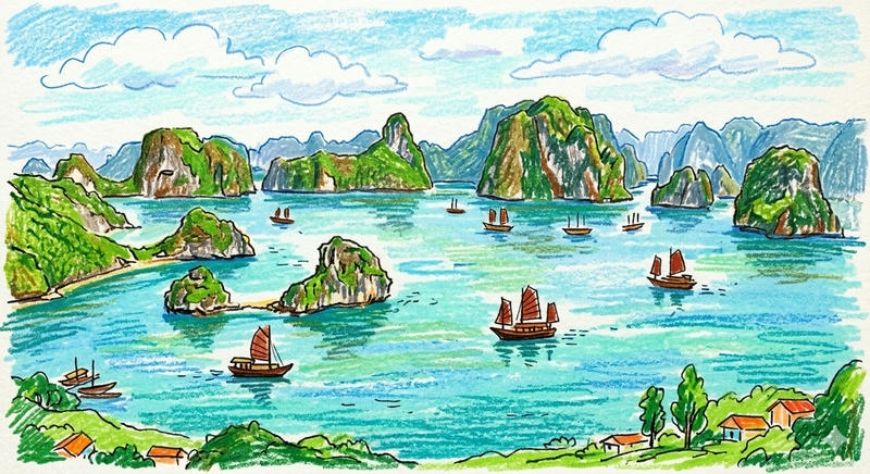 Hình vẽ Vịnh Hạ Long nhìn từ xa đầy ấn tượng