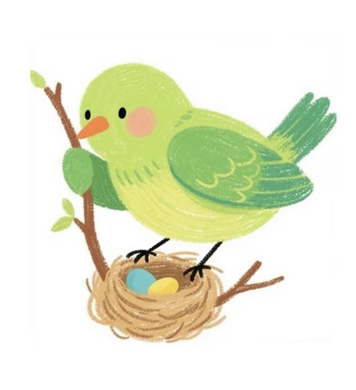 Hình vẽ con chim chibi má hồng xinh xanh lá
