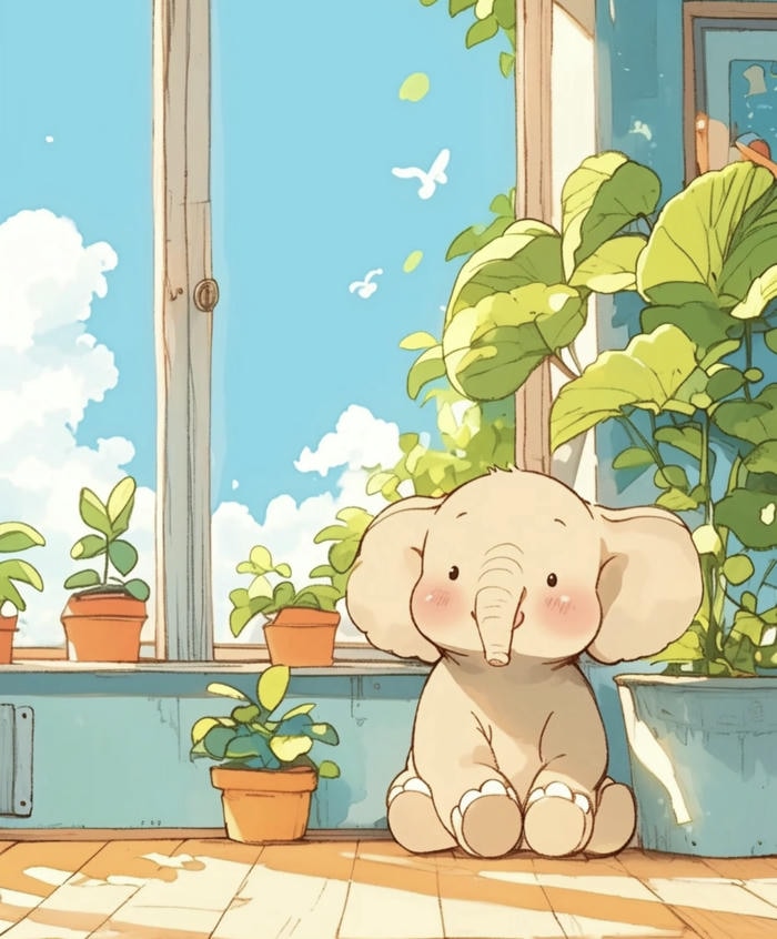 Hình vẽ hoạt hình con voi chibi trong nhà