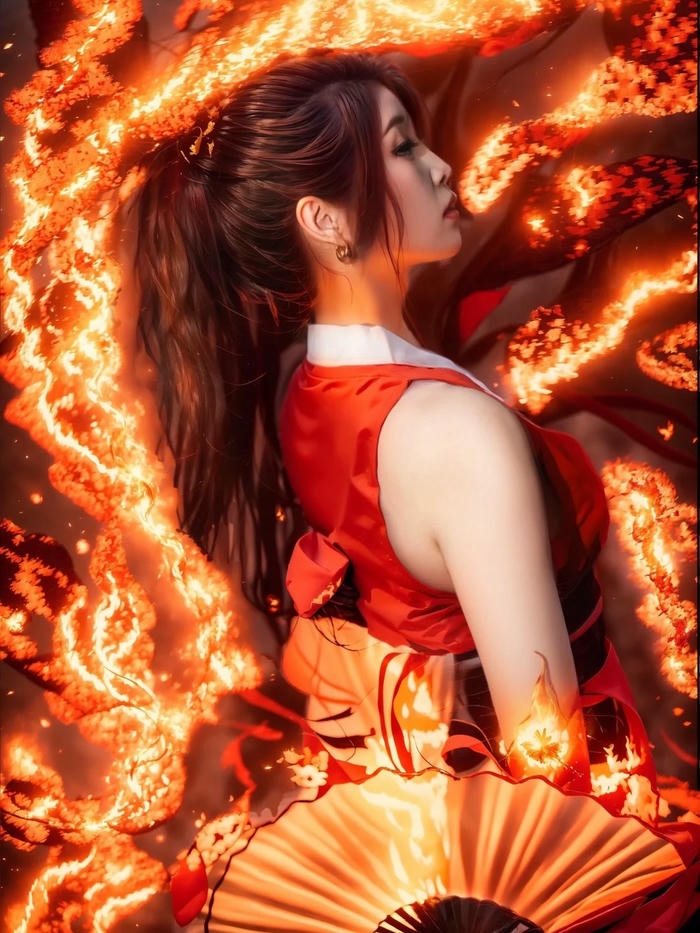 Mai Shiranui cosplay đứng giữa hiệu ứng lửa cháy rực rỡ