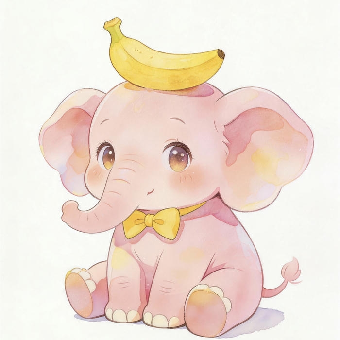 Voi chibi màu hồng nghịch chuối