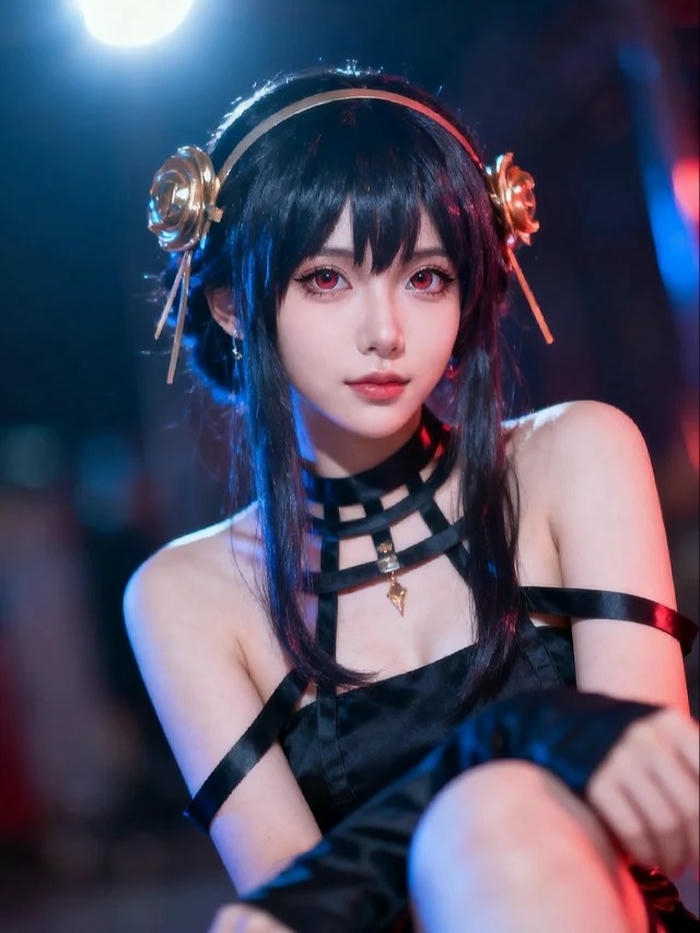 Yor Forger cosplay nhìn thẳng ống kính dưới ánh đèn xanh