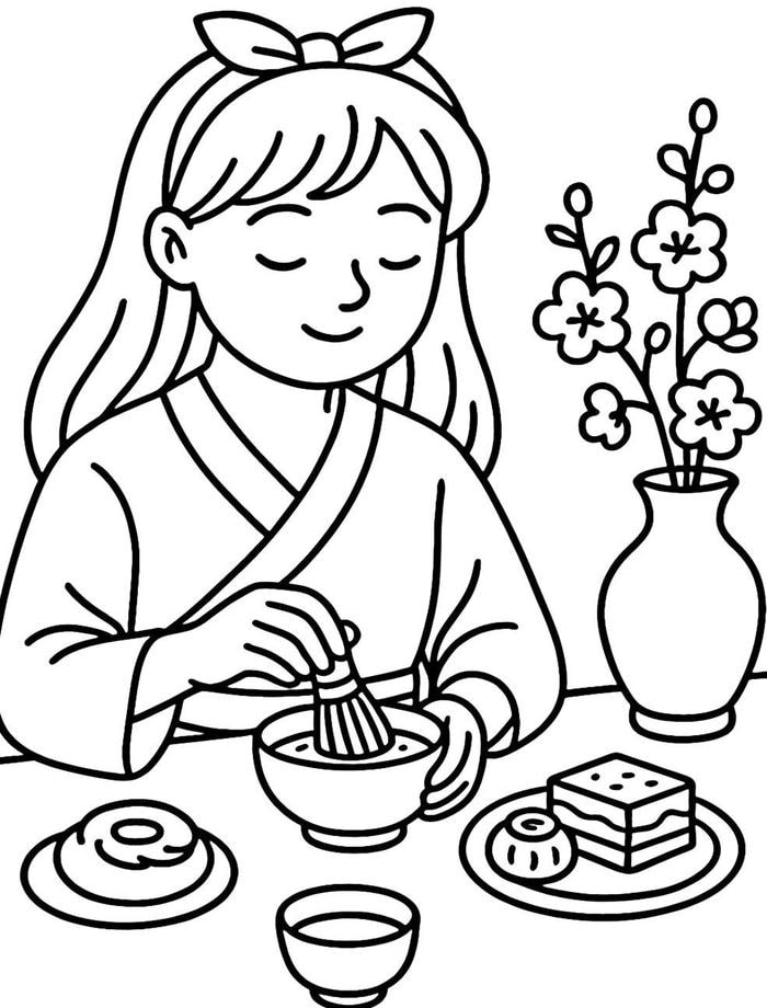 ảnh tô màu bạn gái đang pha trà