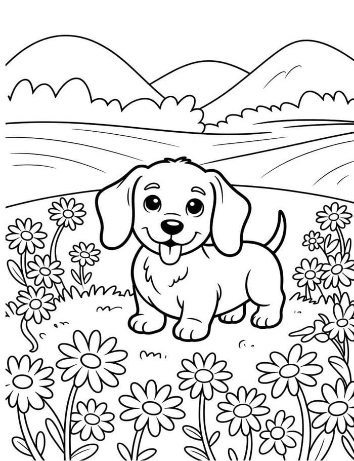 ảnh tô màu chó trong vườn hoa