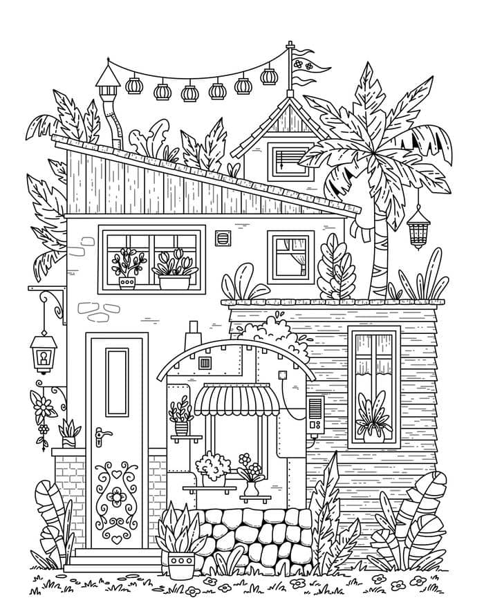 ảnh tô màu chủ đề ngôi nhà nhiều cây xanh