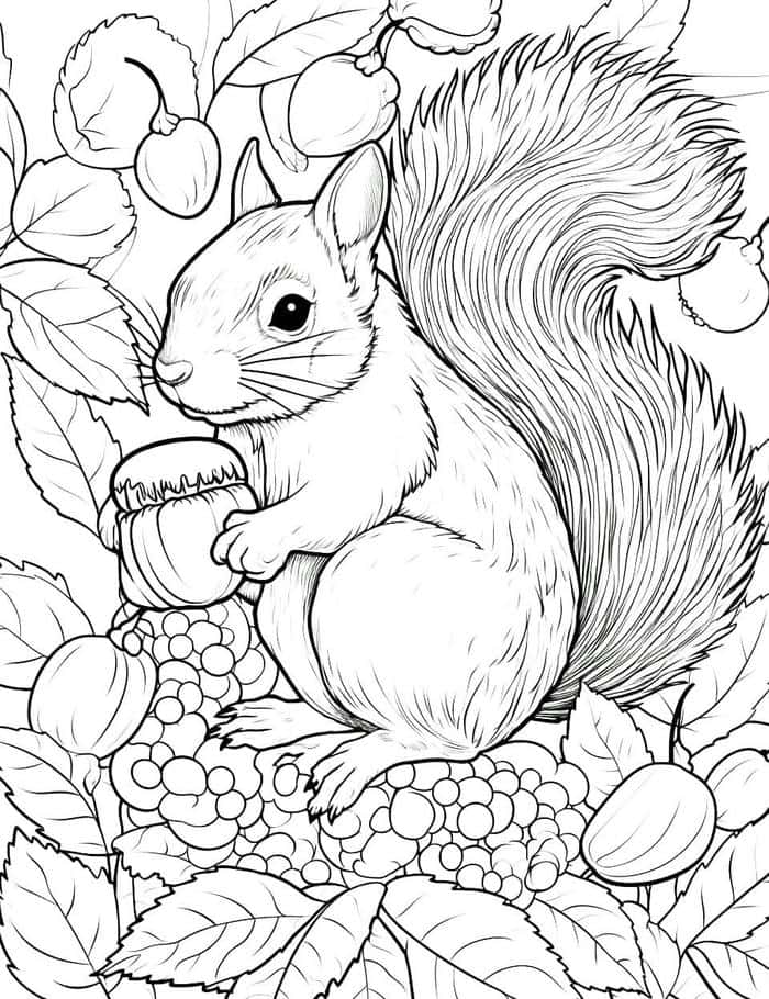 ảnh tô màu con vật sóc ăn quả sồi