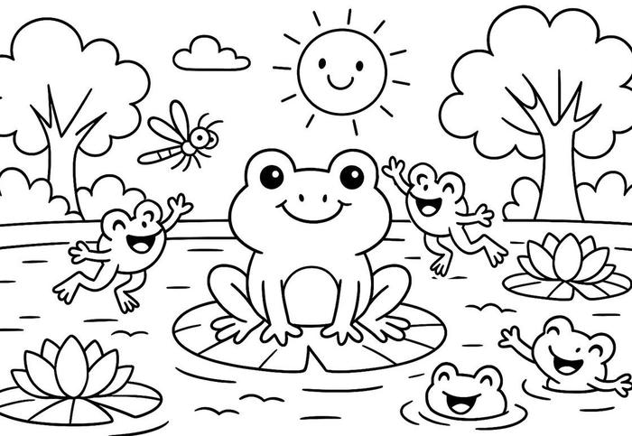 ảnh tô màu ếch trên lá sen