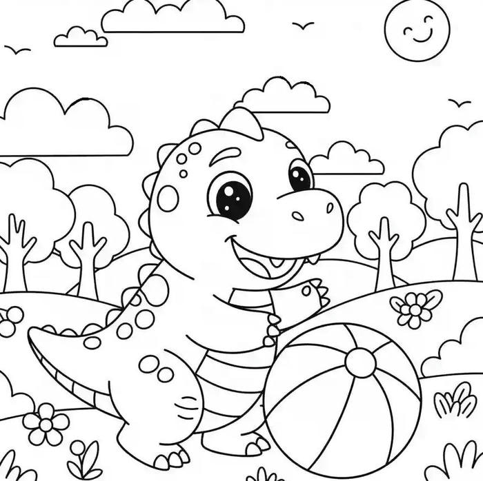 ảnh tô màu khủng long chơi với bóng