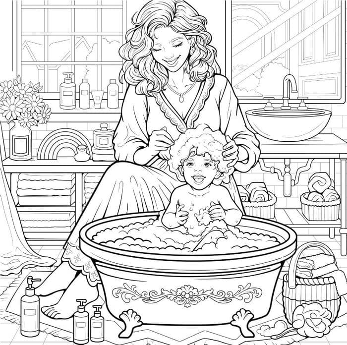 ảnh tô màu mẹ tắm cho con