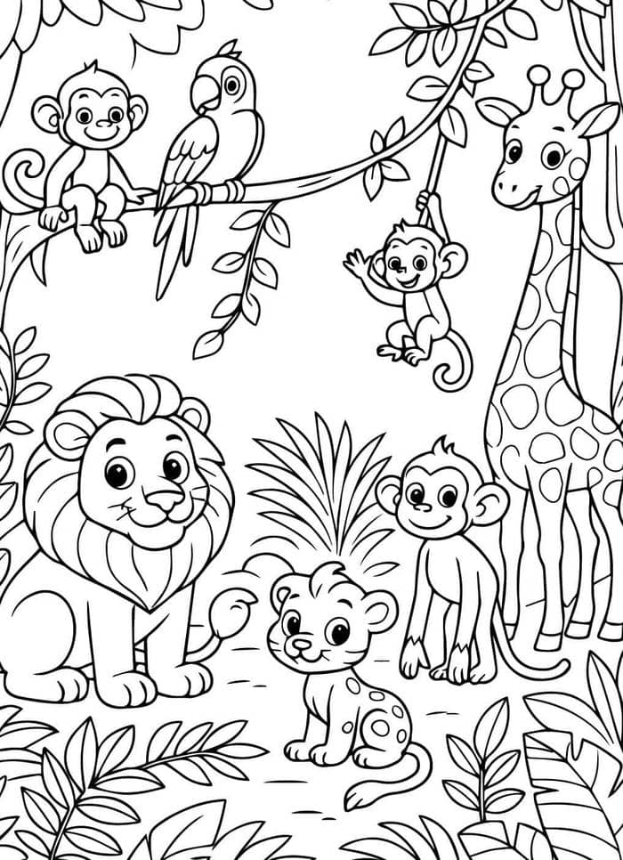 ảnh tô màu muông thú hội tụ trong rừng xanh