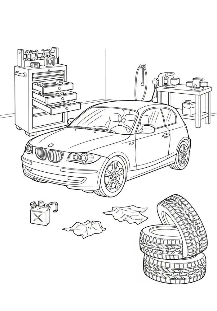 ảnh tô màu ô tô trong gara