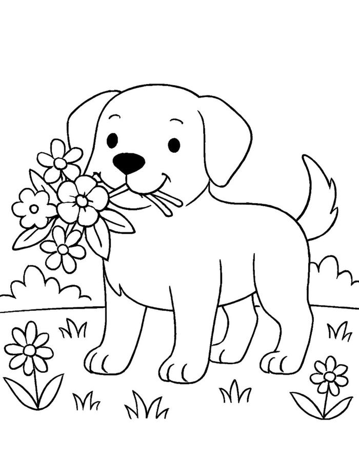 ảnh tranh tô màu chó ngậm hoa