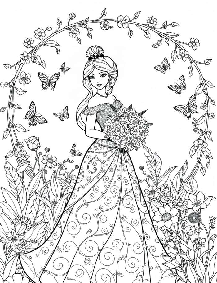 ảnh tranh tô màu công chúa và hoa
