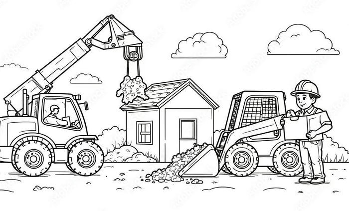 ảnh tranh tô màu máy móc thi công ngoài trời