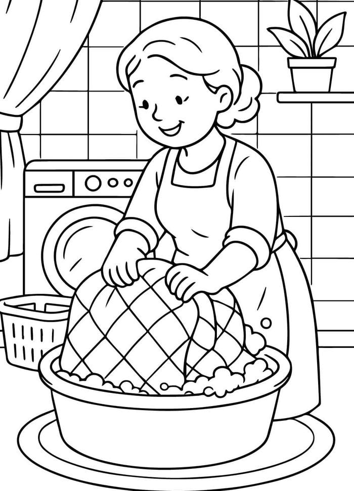hình ảnh tô màu bạn gái đang giặt đồ