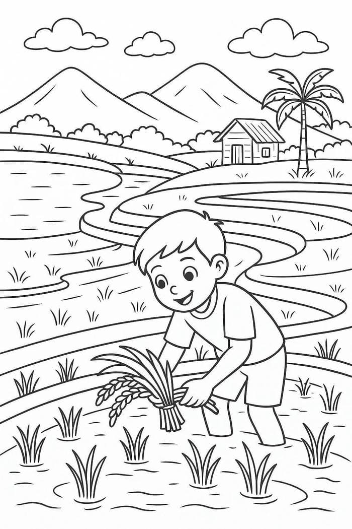 hình ảnh tô màu gặt lúa thủ công