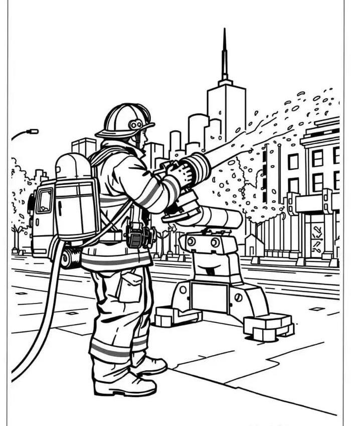 hình ảnh tô màu lính cứu hỏa kiểm soát lửa