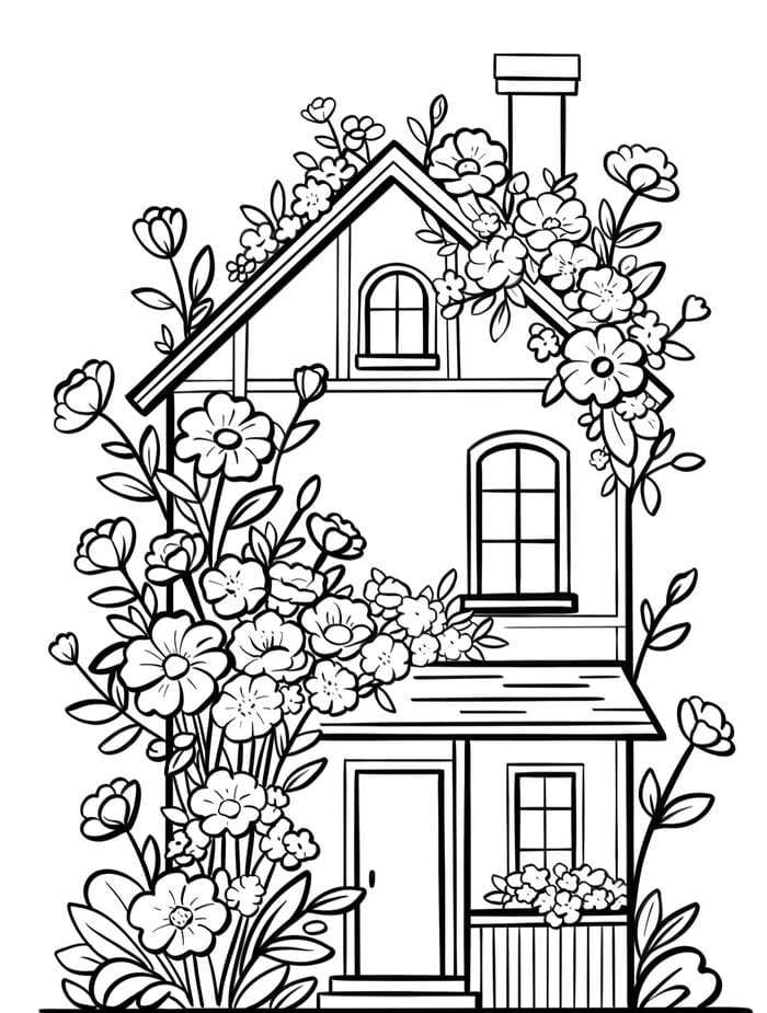 hình ảnh tô màu ngôi nhà có nhiều hoa