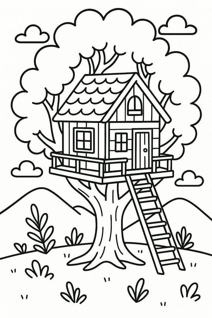 hình ảnh tô màu ngôi nhà trên cây