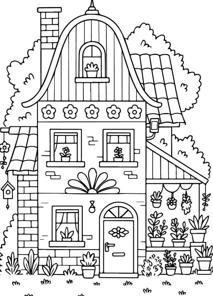hình ảnh tô màu nhà trồng nhiều cây