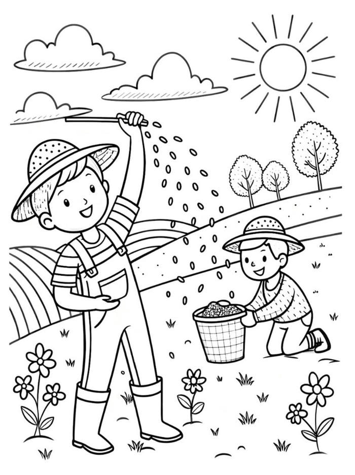 hình ảnh tô màu nông dân chăm cây