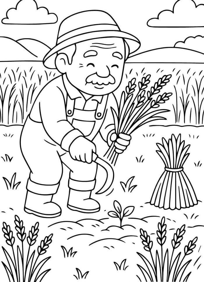 hình ảnh tô màu nông dân gặt lúa