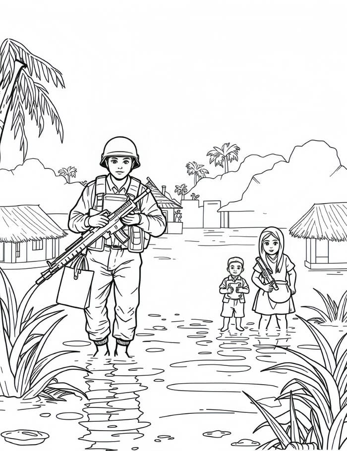 hình ảnh tranh tô màu chú bộ đội giúp dân