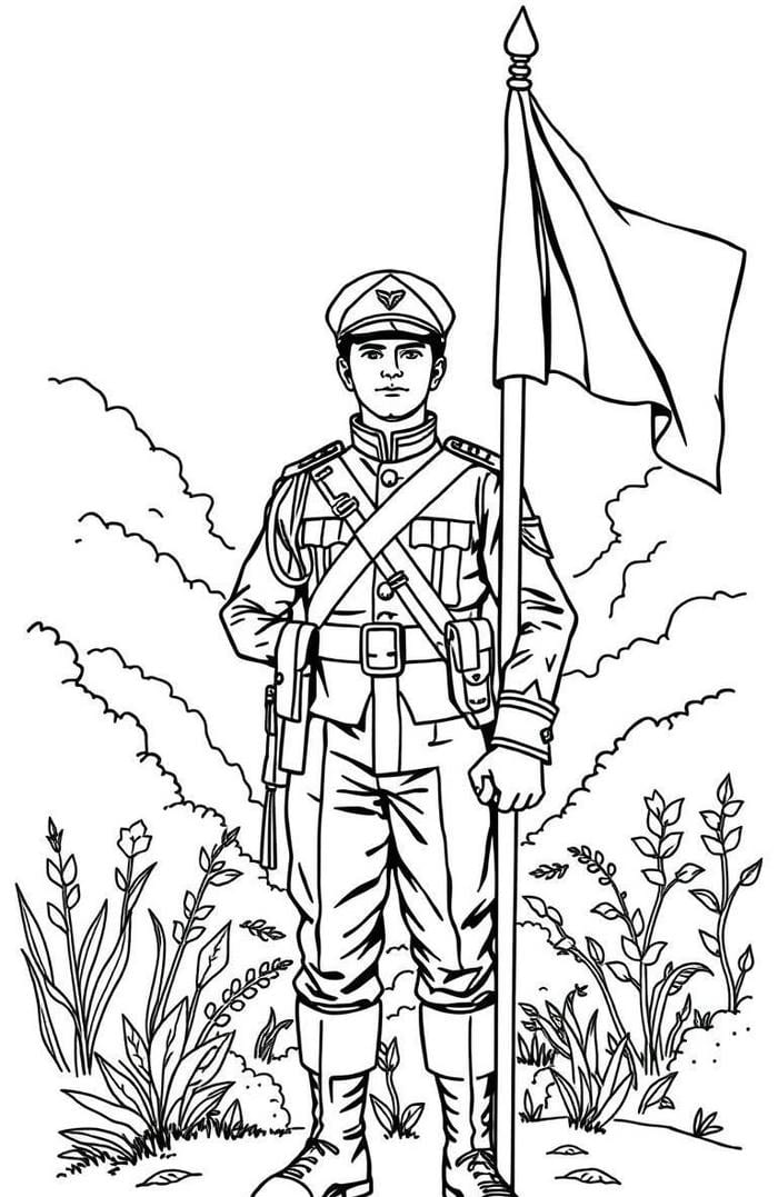 hình ảnh tranh tô màu chú bộ đội ngoài trời