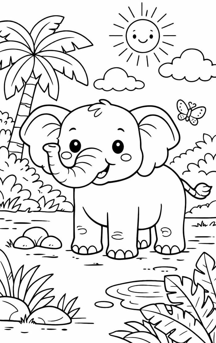 hình ảnh tranh tô màu con voi trong rừng