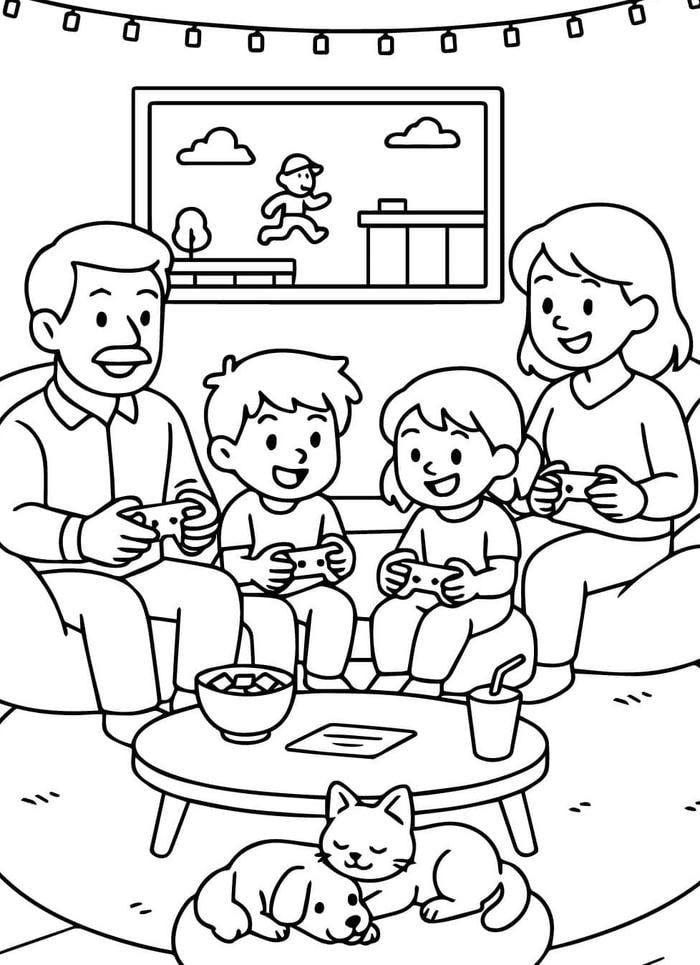 hình ảnh tranh tô màu gia đình đang chơi