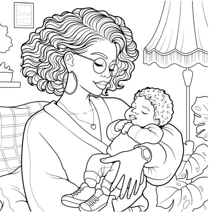 hình ảnh tranh tô màu mẹ bế con nhỏ