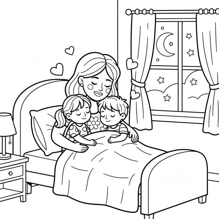 hình ảnh tranh tô màu mẹ chăm con ngủ